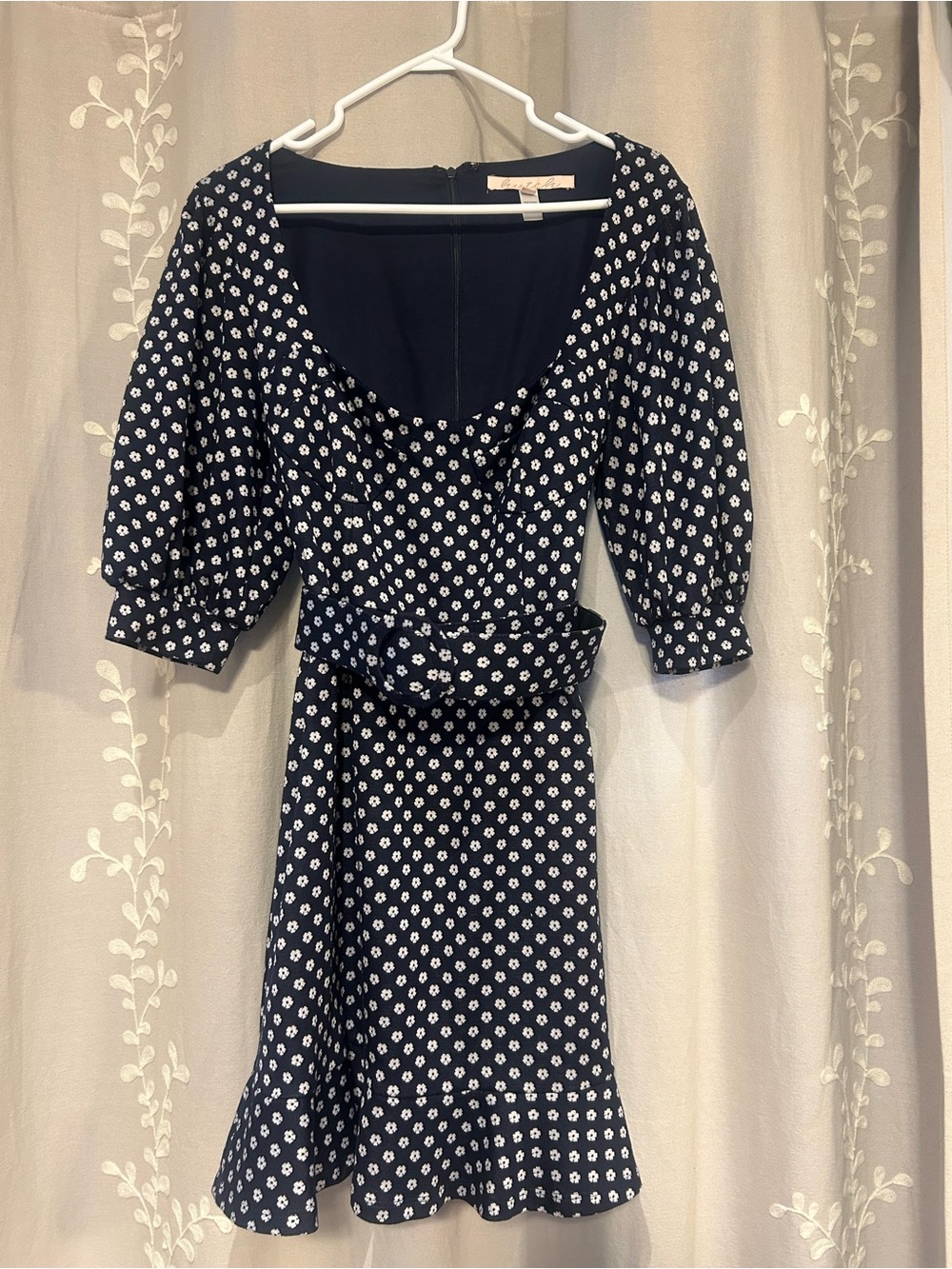 Hutch Navy and White Waist Belt Floral Puff-Sleeve Midi Dress